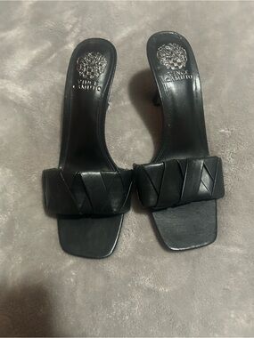 Vince Camuto Black Leather Slide Heels with Braided Strap